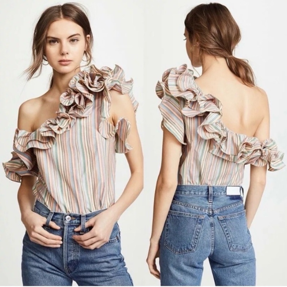 Petersyn Arabella Off Shoulder Ruffle Stripe Colorful Top Shirt Blouse XS